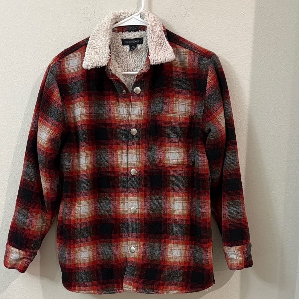 Treasure & Bond Red and Black Plaid Jacket with Sherpa Lining